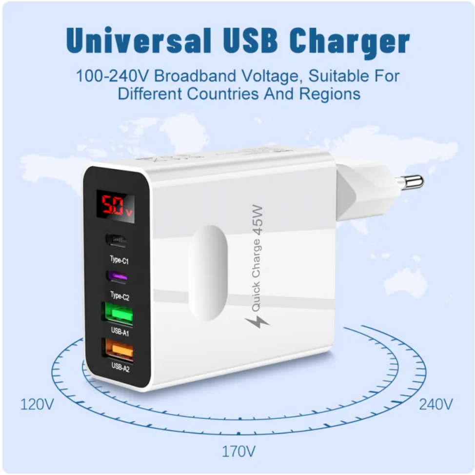 Dual USB & Type-C Digital Display Phone Charger