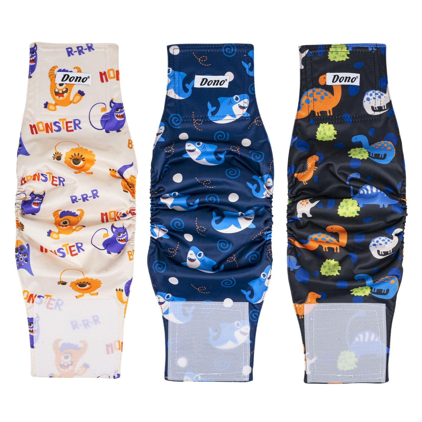 Dono Reusable Belly Bands for Male Dogs 3 Pack Washable Dog Diapers Male High Absorbency Male Dog Wraps Leakproof Doggie Diaper for Puppy Doggy Shark Dinosaur Monster X-Large